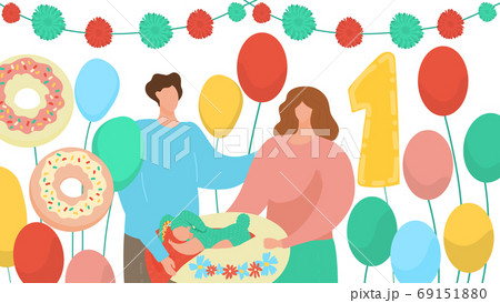Happy birthday one 1 year vector illustration, cartoon flat family couple and baby characters celebrating birthdate with balloons Happy birthday one 1 year vector illustration, cartoon flat family couple and baby characters celebrating birthdate with balloons 69151880