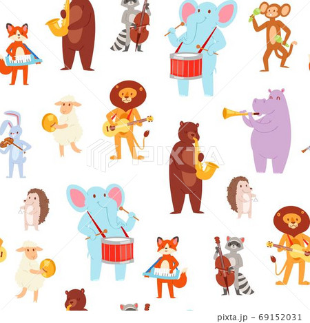 Musical animal, wallpaper pattern seamless cute pattern, happy, design, cartoon style vector illustration, isolated on white. 69152031