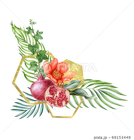 Pomegranate Fruit And Flower Arrangement のイラスト素材