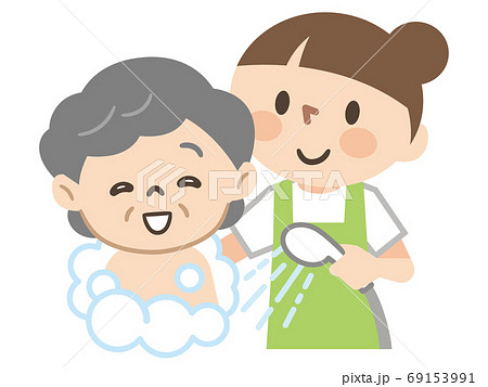 高齢女性に入浴介助を行う女性介護士のイラスト素材