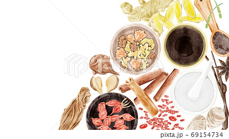 色々な種類の漢方生薬を並べたイラスト 色々な種類の漢方生薬を並べたイラスト 69154734