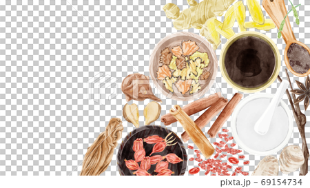 色々な種類の漢方生薬を並べたイラスト 色々な種類の漢方生薬を並べたイラスト 69154734
