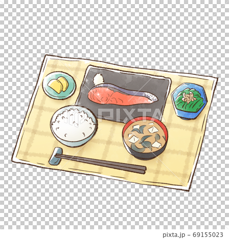 焼き鮭と白いご飯に味噌汁を添えた食事 焼き鮭と白いご飯に味噌汁を添えた食事 69155023