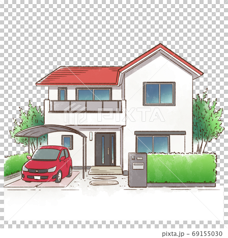 緑に囲まれた一軒家_赤い屋根 69155030