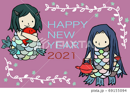 疫病退散の妖怪、アマビエと神社姫の年賀状 69155094