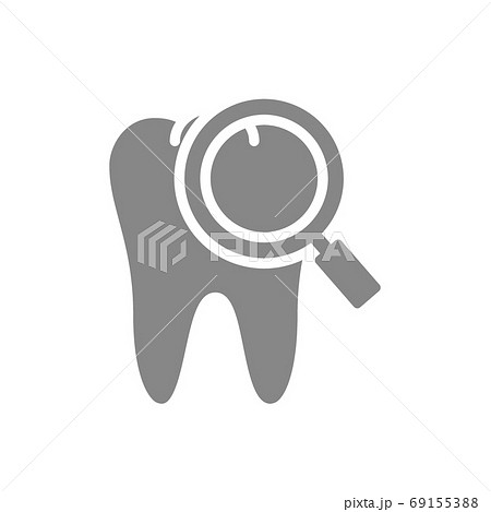 Tooth with magnifying glass gray icon. Organ research symbol. Tooth with magnifying glass gray icon. Organ research symbol. 69155388