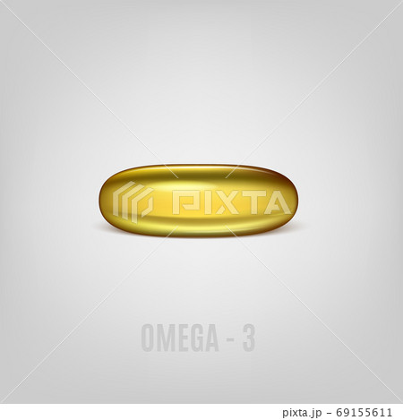 Cosmetic capsule of omega 3 oil or vitamin E, A. Golden antibiotic gel pill icon template. Vector realistic serum droplet of collagen essence. Cosmetic capsule of omega 3 oil or vitamin E, A. Golden antibiotic gel pill icon template. Vector realistic serum droplet of collagen essence. 69155611