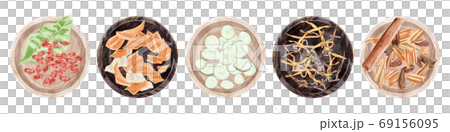 お皿に入れて並べた漢方生薬イラスト 69156095