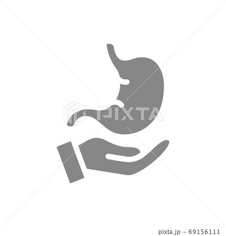 Human stomach on hand grey icon. Care, disease prevention symbol Human stomach on hand grey icon. Care, disease prevention symbol 69156111