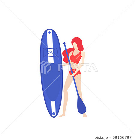 Girl with sup board and paddle, vector Girl with sup board and paddle, vector 69156797