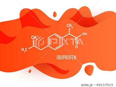 Ibuprofen chemical molecule structure with liquid fluid gradient shape with copy space on white background Ibuprofen chemical molecule structure with liquid fluid gradient shape with copy space on white background 69157015