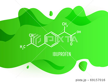 Ibuprofen chemical molecule structure with green liquid fluid gradient shape with copy space on white background Ibuprofen chemical molecule structure with green liquid fluid gradient shape with copy space on white background 69157016