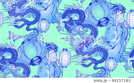 Seamless pattern. Beautiful girl in ancient Chinese and asian dragon. Vector illustration. Suitable for fabric, mural, wrapping paper and the like Seamless pattern. Beautiful girl in ancient Chinese and asian dragon. Vector illustration. Suitable for fabric, mural, wrapping paper and the like 69157193
