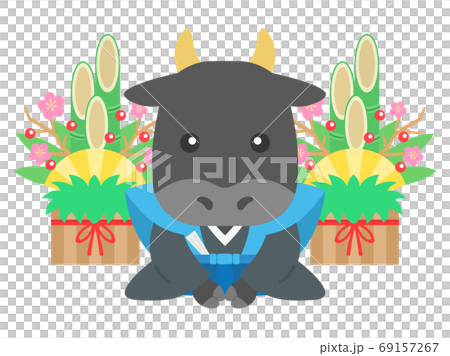 Illustration of a cow wearing a kimono and greeting Illustration of a cow wearing a kimono and greeting 69157267