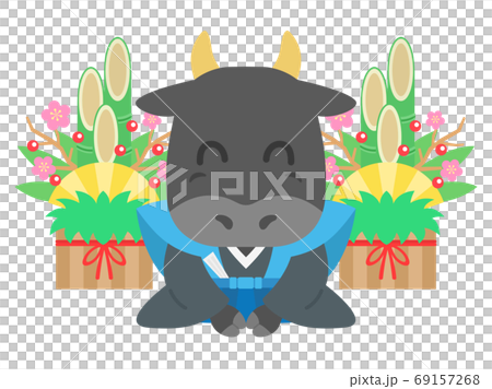 一頭牛，穿著和服和問候的插圖 69157268