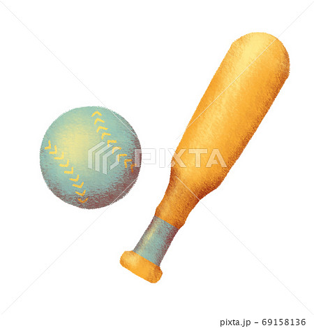 パステル調で描かれた野球ボールとバットのイラスト素材