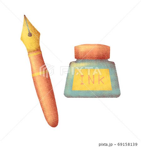 パステル調で描かれた万年筆とインクボトル 69158139