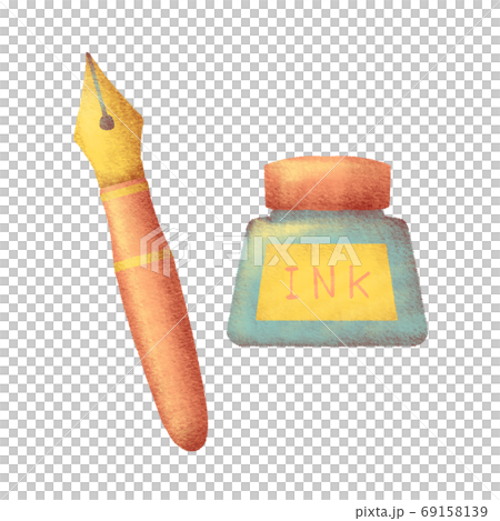 パステル調で描かれた万年筆とインクボトル 69158139