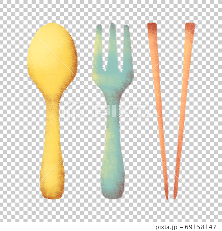 パステル調で描かれた食器 スプーンとフォークと箸 のイラスト素材