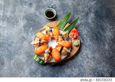 Sushi and rolls sets Japonese food. top view gray background 69158233