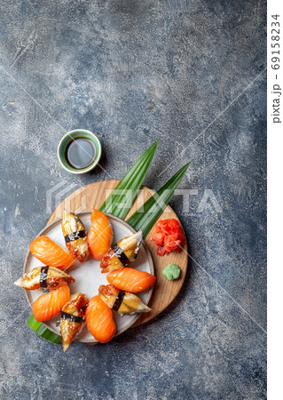 Sushi and rolls sets Japonese food. top view gray background 69158234