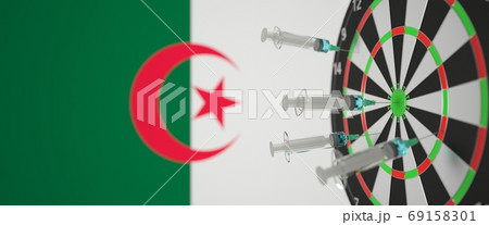 Vaccine syringes with text and flag of Algeria as a background. Algerian medical research and vaccination, 3D rendering 69158301
