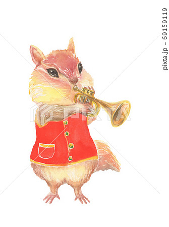 水彩で描いたトランペットくを吹くリスのイラスト素材