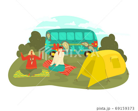 Ggrandparents traveling, grandfather, grandmother doing yoga, family leisure, retirement, happy vacation, flat vector illustration. 69159373