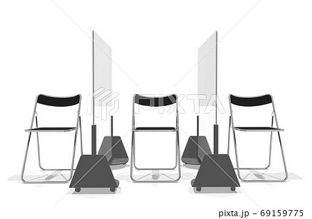 新型コロナウイルス対策、パイプ椅子とスクリーンの3dレンダリング 69159775