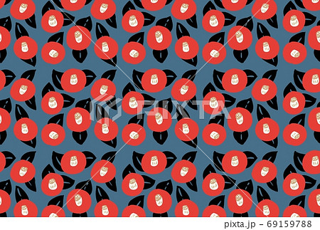 大正ロマン風椿壁紙 ブルーグレイ地に赤椿のイラスト素材
