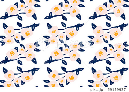 昭和レトロ枝付き椿の壁紙 白椿に藍色の葉のイラスト素材