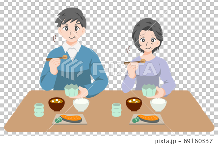 仲良く食事をする中年夫婦のイラストのイラスト素材