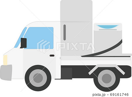 冷蔵庫と洗濯機を積んで走るかわいい軽トラックのイラストのイラスト素材