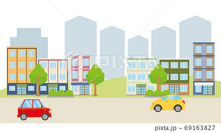 欧州風ヨーロッパ風の家戸建てと町並み風景の背景イラスト樹木自動車青空白い雲ベクターデータのイラスト素材