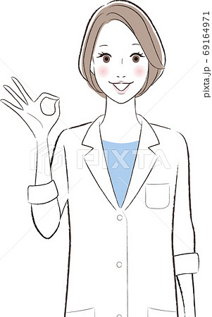 笑顔でokサインを出す白衣の女性ドクターのイラストのイラスト素材