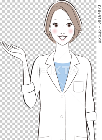 笑顔で案内する白衣の女性医師のイラストのイラスト素材