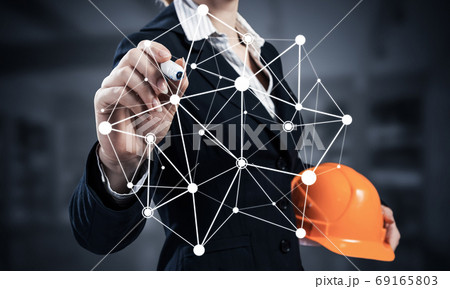 Businesswoman pointing on network structure 69165803