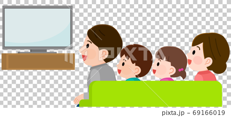 テレビ画面を見て笑う4人家族2 イラストのイラスト素材