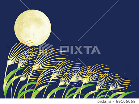月見 満月とススキの風景イラスト 69166068
