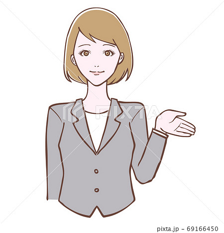 スーツを着た若い女性 案内ポーズ イラストのイラスト素材
