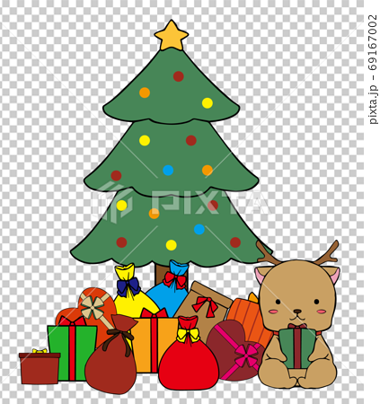 クリスマスツリーとプレゼントの山とプレゼントボックスを持ったトナカイのイラスト素材
