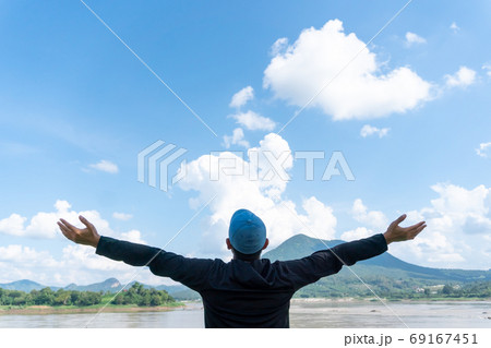 Man travel around the world with backpack freedom and relax life. 69167451