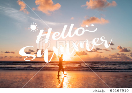 Hello summer qoute on summer time beach background. Holiday vacation time. 69167910