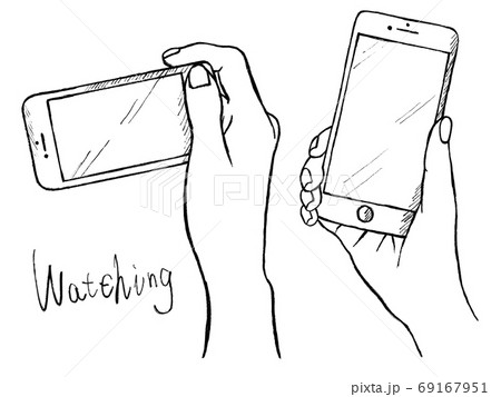携帯や手の白黒手書きイラストイメージのイラスト素材