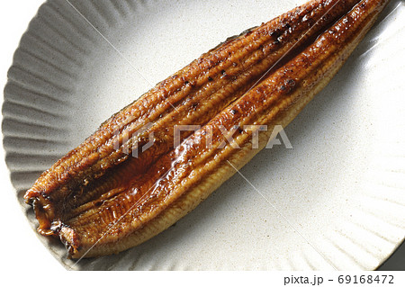 白背景で撮影した丸いお皿の上に丸ごと一匹鰻の蒲焼（俯瞰） 69168472