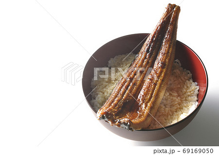 白背景で撮影した鰻の蒲焼きが丸ごと一匹乗った鰻丼 白背景で撮影した鰻の蒲焼きが丸ごと一匹乗った鰻丼 69169050