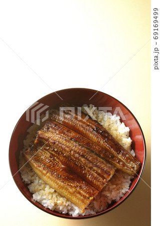 1匹分の鰻の蒲焼きが乗ったシンプルな鰻丼（俯瞰） 69169499