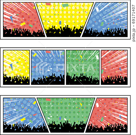 観客 紙吹雪 集中線コマ割りフレーム ハーフトーン背景のイラスト素材