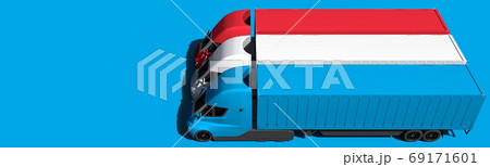Trailer trucks form flag of Luxembourg on blue background. 3d rendering 69171601