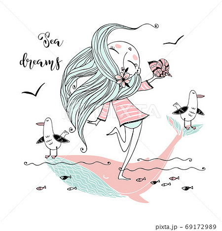 A Cute Girl With A Shell In Her Hand And のイラスト素材